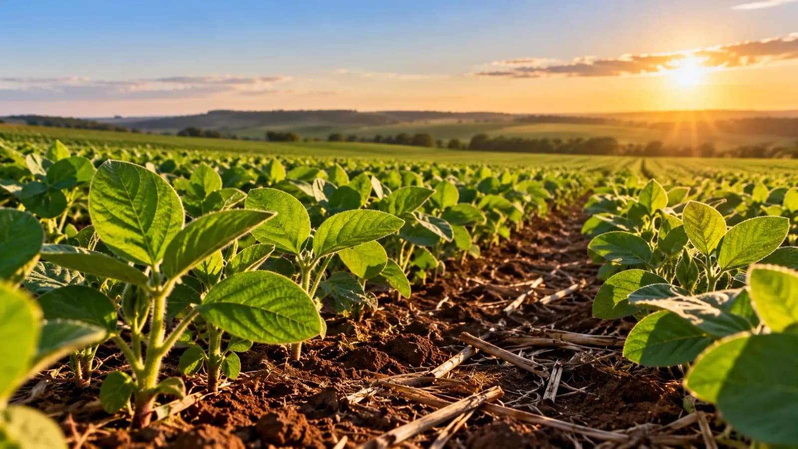 Lavoura de soja com plantas verdes em fileiras sob luz natural no fim da tarde, representando o uso de tecnologias no campo