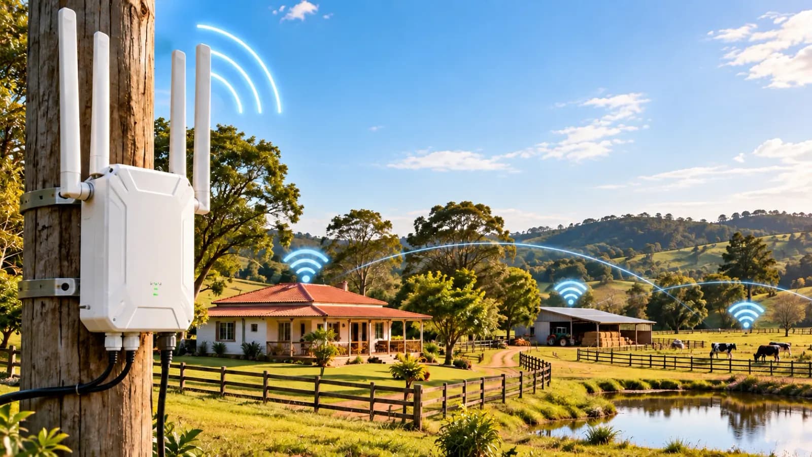 Roteador Wi-Fi externo com quatro antenas instalado em poste de madeira, distribuindo sinal para a casa, o galpão e o pasto de uma propriedade rural